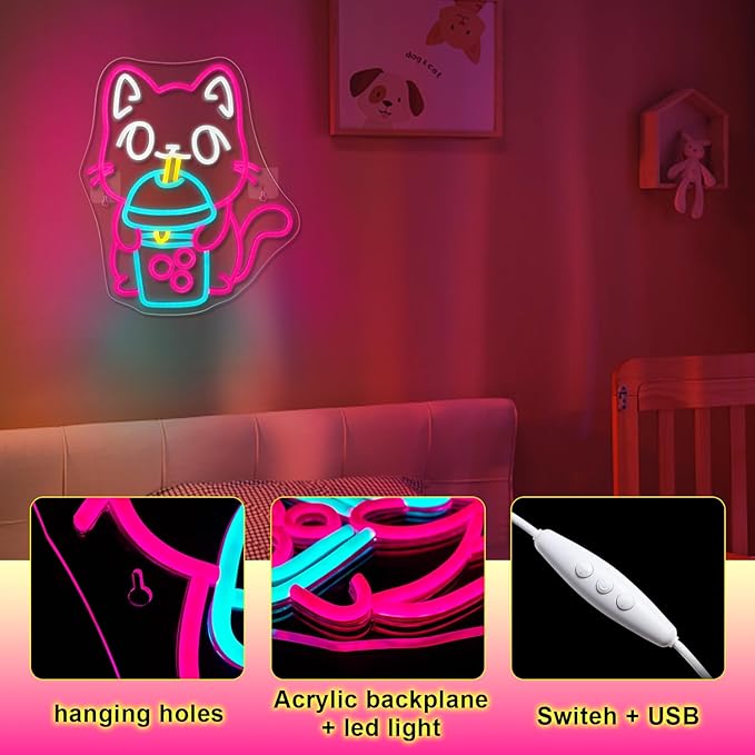 Cat Boba Tea Neon Sign,Cute Pink Kitty Bubble Tea Neon Signs for Wall Decor,Dimmable LED Neon Light Bar Sign,USB Light Up Signs for Kids Bedroom Dimsum Store Cofes Bar Milk Tea Shop-VerdiqueGarden