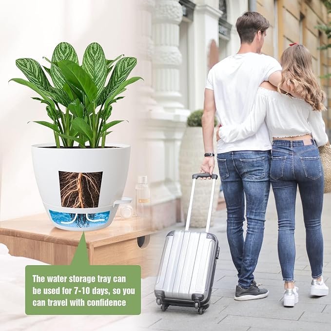 10/9/8 inch Self Watering Pots, Set of 3 Plastic Planters with Mesh Drainage Holes and Deep Reservoir for Indoor Outdoor Garden Plants and Flowers, White-VerdiqueGarden