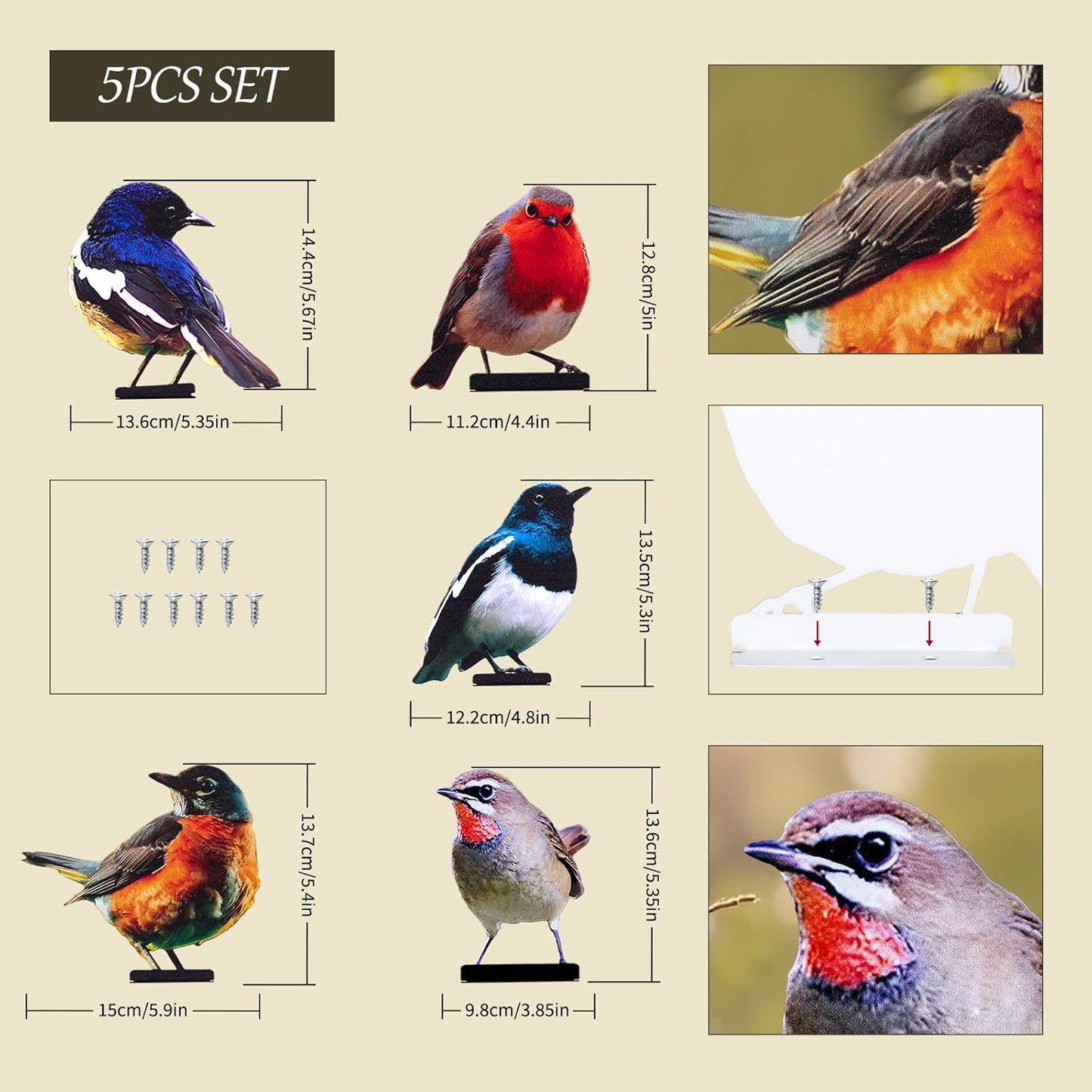 HUYIENO 5PCS Vivid Metal Birds Fence Decor Color Painted Outdoor Garden Natural Bird 2D Sculptures for Outdoor Fences, Patio, Garden and Bird Lovers-VerdiqueGarden