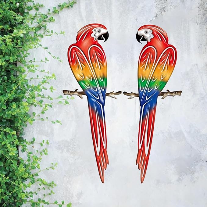 Metal Outdoor Wall Art Decor,3D Colorful Garden Birds Sculpture Outdoor Iron Hanging Parrot Decor, Metal Hand-Made Bird Wall Art Decorations for Fence Patio Balcony Living Room-VerdiqueGarden