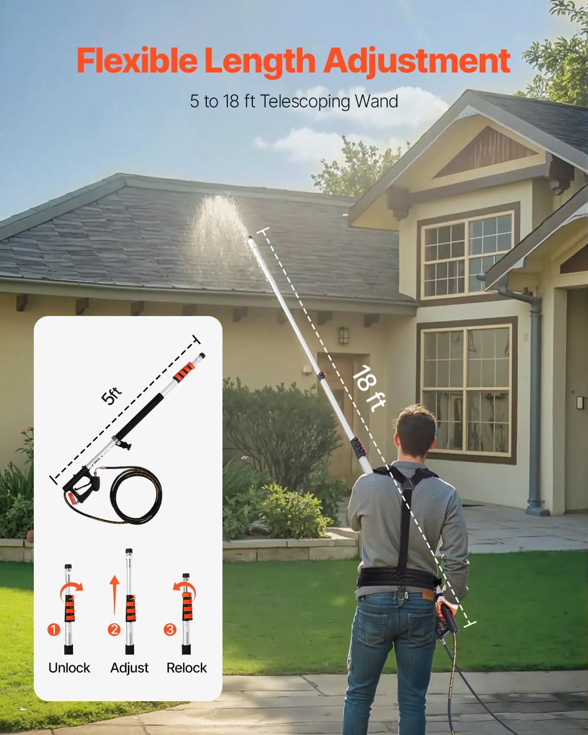 VEVOR Pressure Washer Telescoping Wand, 18 ft, 4000 psi, Telescopic Spray Wand with Power Washer Extension Wands, Gutter Cleaner, Brush Head, 5 Spray Nozzle Tips, Adapter and Adjustable Support Belt-VerdiqueGarden