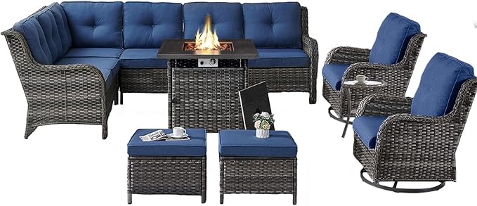 Outdoor Sectional Furniture Sofa Set with Propane Fire Pit Table, Wicker Patio Conversation Set with 2 Swivel Rocker Glider Chairs Blue Cushion Perfect for Backyard Casual Gathering-VerdiqueGarden