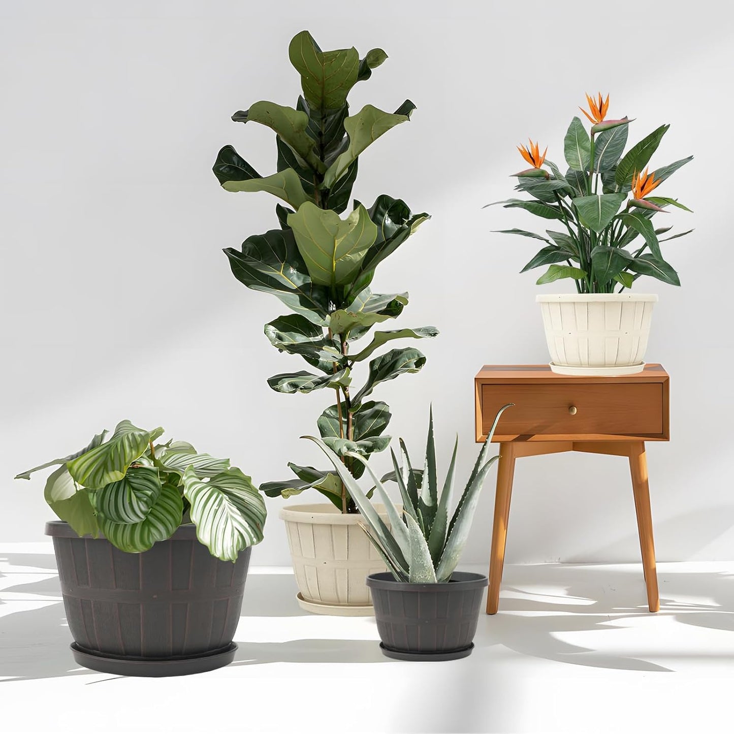 Quarut 12 Inch Large Planter Pot for Plants Indoor Outdoor, 4 Pack Plastic Flower Pots with Drainage Hole & Tray, Modern Decorative Garden Pot with Saucer, Plant Container for House（Brown）-VerdiqueGarden