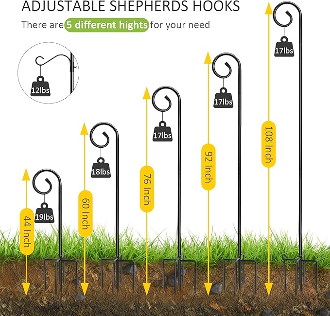108 Inch Shepherds Hooks for Outdoor 2 Pack, Bird Feeder Poles with 4 Hooks, Shepherds Hook for Bird Feeders Outside with Base, Garden Pole for Hanging Plant Baskets, Weddings Decor (108 Inch)-VerdiqueGarden