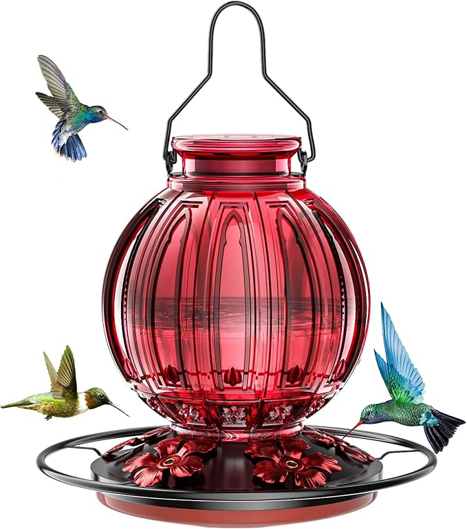 Glass Hummingbird Feeder for Outdoors Hanging, 26Oz Bird Nectar Feeder with Perch & 5 Flower Feeding Ports, Leak Proof for Outside Garden Decor Backyard, Gifts for Women Mom, Red-VerdiqueGarden