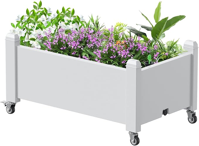 Horticulture Garden Bed with Legs, Divisible Resin Planter Box for Backyard, Patio, Balcony, with 4 Legs, 4 Swivel Lockable Wheels(Ashen,30.04 * 17.72 * 17.56)-VerdiqueGarden
