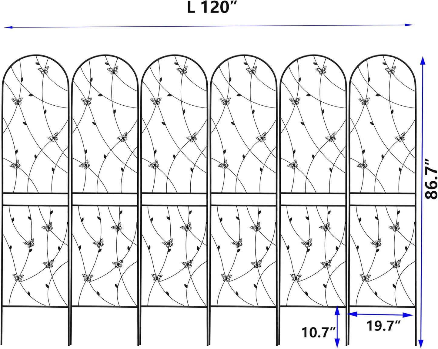 6 Pack Metal Garden Trellis 86.7" Tall Outdoor Climbing Plant Support for Roses, Flowers, Rustproof Durable Black Galvanized Tube, Lawn Garden Fence Decor Screen, 86.7" H-VerdiqueGarden
