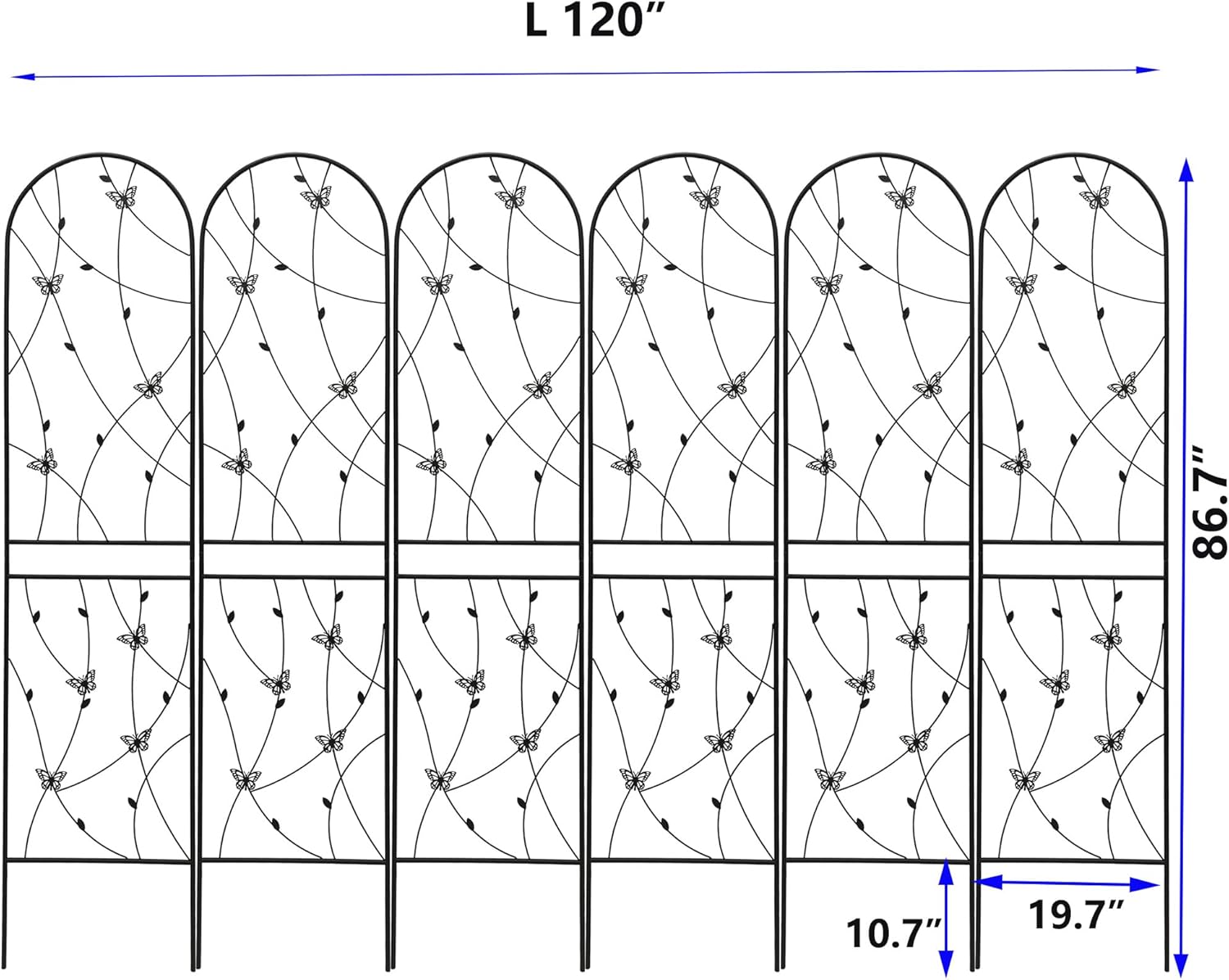 6 Pack Metal Garden Trellis 86.7" Tall Outdoor Climbing Plant Support for Roses, Flowers, Rustproof Durable Black Galvanized Tube, Lawn Garden Fence Decor Screen, 86.7" H-VerdiqueGarden