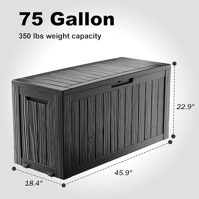 75 Gallon Resin Deck Box, Lockable Outdoor Storage Box for Patio Cushions Storage Furniture,Garden Tools, Pool Supplies, Weatherproof and UV Resistant（Black）-VerdiqueGarden