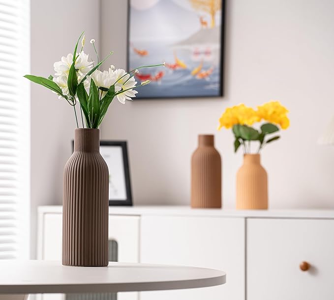 Ceramic Vase Set of 3, Flower Vases for Spring Room Decor, Kitchen Farmhouse, Modern Boho Style(Brown/Dark Brown/Orange)-VerdiqueGarden