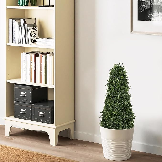 3ft Artificial Boxwood Topiary Trees (Set of 2) - UV Resistant Faux Plants Outdoor, Realistic 36" Fake Cone Bushes and Shrubs for Front Porch, Planter, Patio - Low Maintenance & Evergreen-VerdiqueGarden