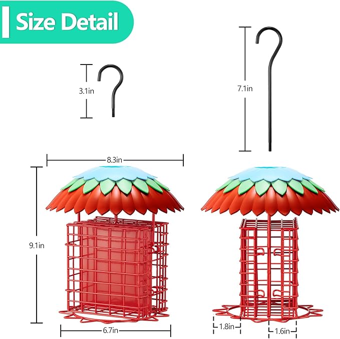 Suet Feeder Double with Weather Guard & Ant Moat, Skaithee Bird Feeders for Outdoors Hanging with 2 Holders Keep Cakes Clean & Fresh Attracts Wild Birds Great for Woodpecker & Clinging Birds, Red-VerdiqueGarden