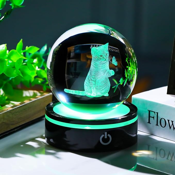 YWHL 3D Crystal Ball Cat Gifts for Women Cat Lover for Christmas Birthday, Laser Cat and Butterfly Figurine with LED Base, Cat Ornament Glass Decorative Ball Globe Night Light for Home Decor (80mm)-VerdiqueGarden