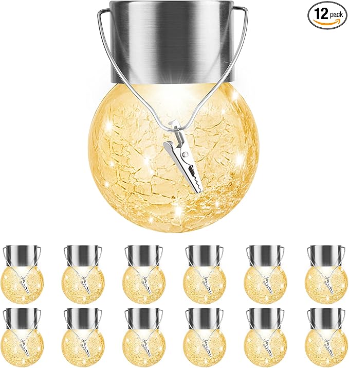 Solar Outdoor Lights Decorative 12 Pack, Hanging Solar Garden Lights Waterproof, Solar Powered Globe Lantern Cracked Glass Ball Lights for Yard Patio Fence Tree Umbrella Holiday Decoration,Warm White-VerdiqueGarden