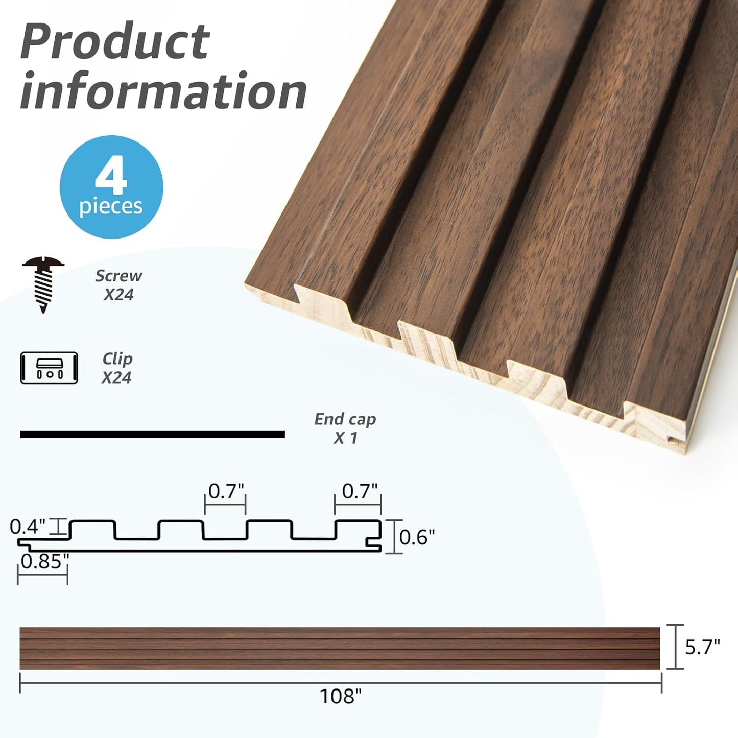 Art3d Slat Wood Wall Paneling for Interior and Ceiling Decoration - Pack of 4pcs + 1pc End-Trim, Size 108 x 5.7in.- Walnut-VerdiqueGarden
