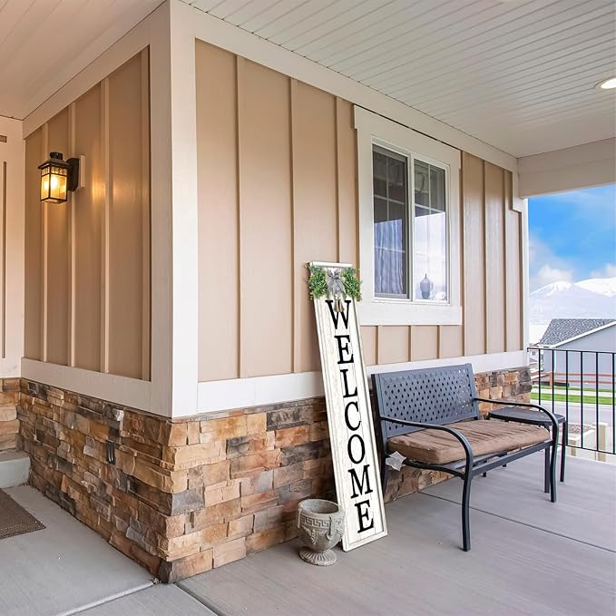 Welcome Sign for Front porch Standing 45"X9"Large Wood Frame Outdoor Tall Welcome Signs Vertical Decor for Farmhouse Rustic Home Modern Outside Front Door Wall Decorations (White)-VerdiqueGarden