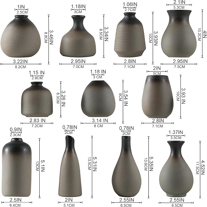 JOJUNO Rustic Bud Vase, Ceramic Small Vase Set of 11, Mini Vases for Fresh and Dried Flowers, Modern Farmhouse Home Decor, Pottery Vases for Living Room, Shelves, Centerpieces for Dining Table-VerdiqueGarden
