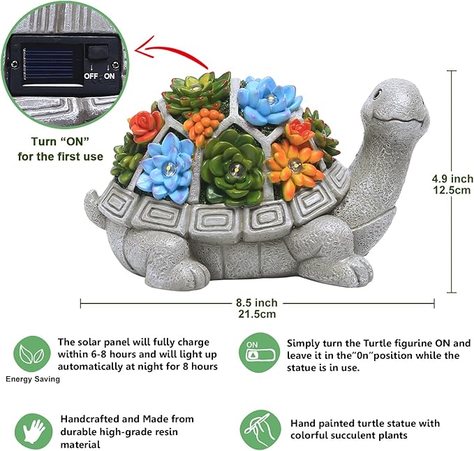 Nacome Solar Garden Outdoor Statues Turtle with Succulent and 7 LED Lights - Lawn Decor Tortoise Statue for Patio, Balcony, Yard Ornament - Unique Housewarming Gifts-VerdiqueGarden
