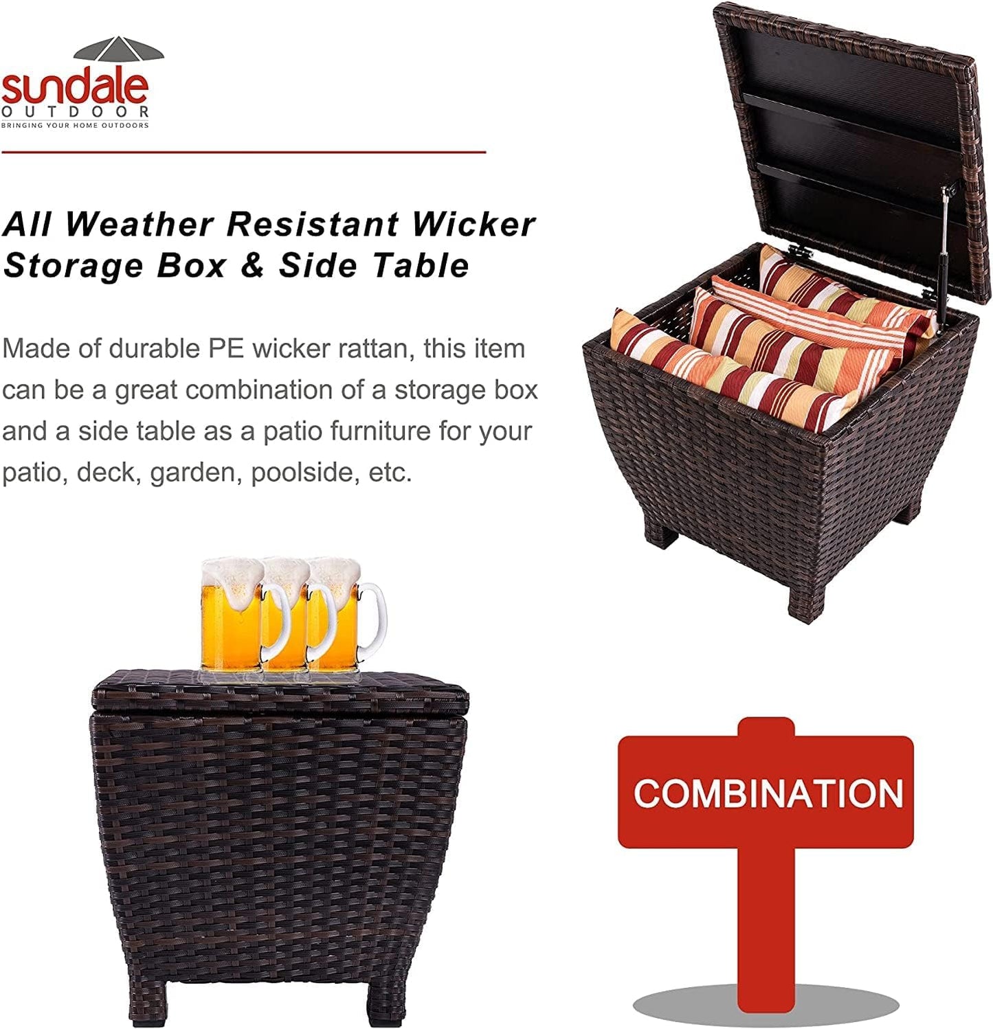 Sundale Outdoor Small Deck Storage Box with Lid, 13 Gallon Outdoor Bin Storage Container for Hose Cushion Towel, Patio Fully Assembled Brown Wicker Side Table with Storage - Rattan-VerdiqueGarden