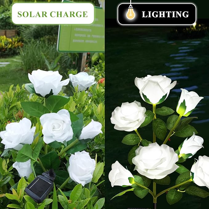 2 Pack Solar Garden Lights Outdoor, 7-Flower Rose LED Stake Light for Yard Patio Pathway Lawn Fence Cemetery, White-VerdiqueGarden