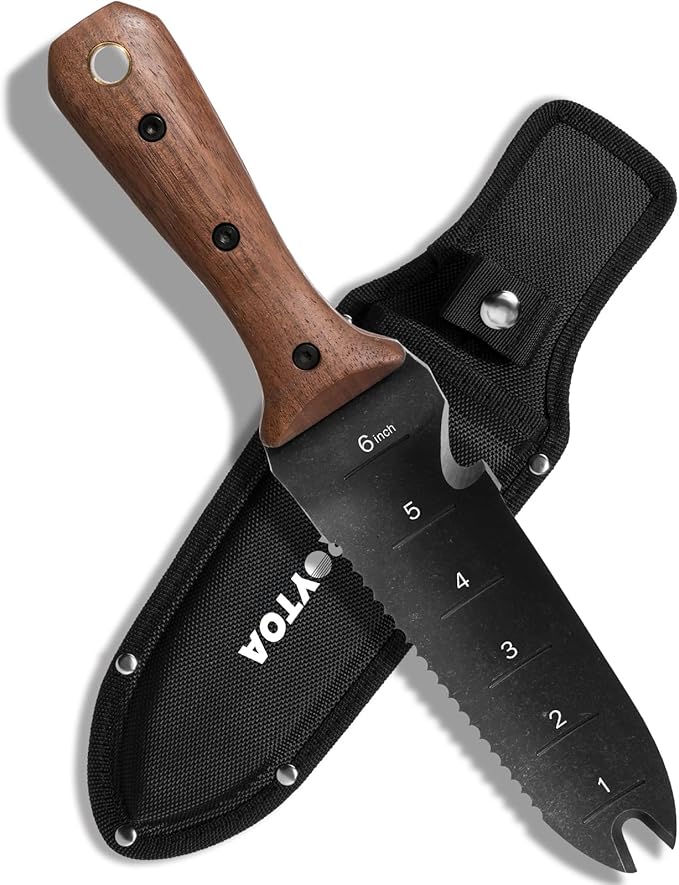 Hori Hori Garden Knife, Garden Tools with Sheath for Weeding,Planting,Digging, 7" Stainless Steel Blade with Cutting Edge, Full-Tang Wood Handle with Hanging Hole-VerdiqueGarden