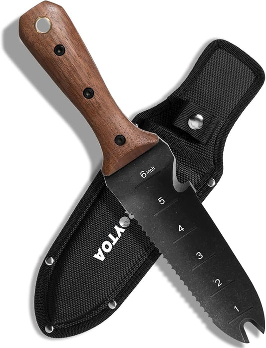 Hori Hori Garden Knife, Garden Tools with Sheath for Weeding,Planting,Digging, 7" Stainless Steel Blade with Cutting Edge, Full-Tang Wood Handle with Hanging Hole-VerdiqueGarden
