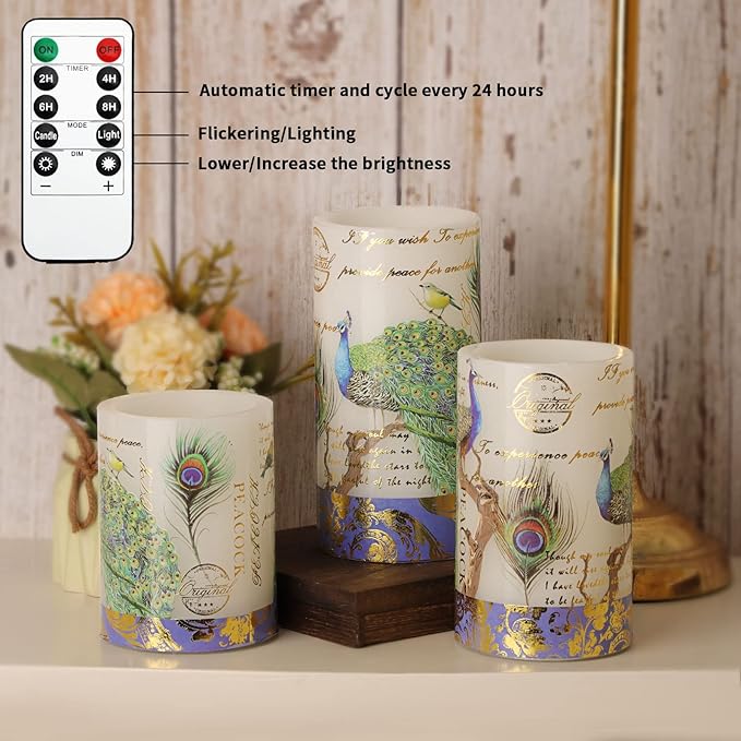 Flameless Peacock Battery Operated Candles With Remote - Flickering Pillar Real Wax LED Vintage Home Decor for Spring, Wedding, Mother's Day Gifts-VerdiqueGarden