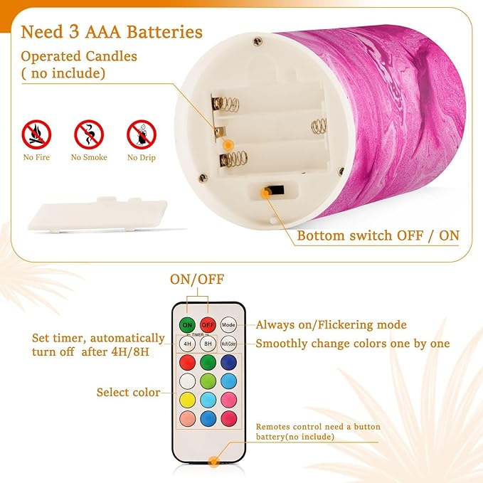 Flickering Flameless Candles, Pink Fuchsia Marble LED Candles with Remote Timer, Set of 2 Battery Operated Candle for Valentine Wedding Birthday-VerdiqueGarden