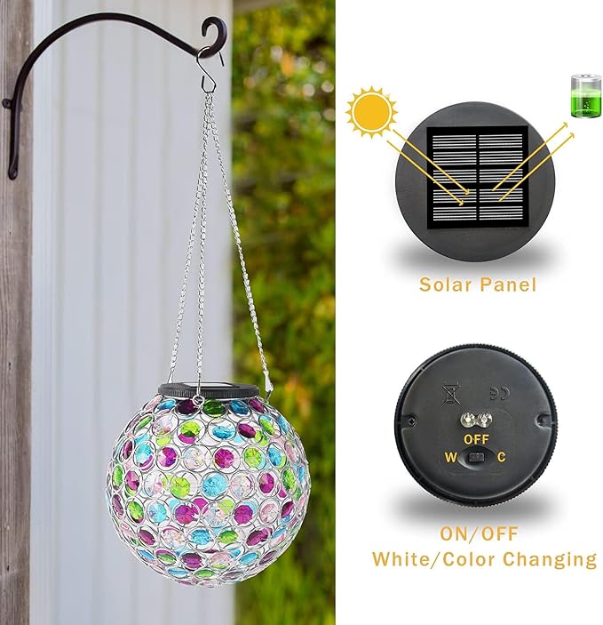 Solar Lantern Hanging Outdoor Christmas Decorative, Dual LEDs Color Changing and Cool White Crystal Globe Lamp Hanging Light Waterproof with S Hook Decor in Garden, Pathway, Front Door- Multi Color-VerdiqueGarden