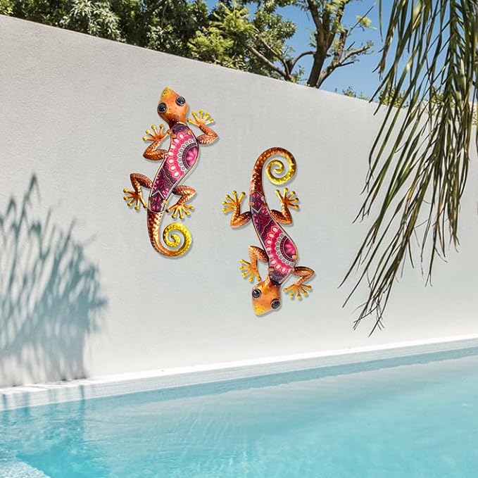 HONGLAND Metal Outdoor Wall Decor 2Pcs Gecko Wall Decoration Lizard Metal Hanging Wall Art Glass Sculpture for Garden Yard Patio Fence (Red)…-VerdiqueGarden