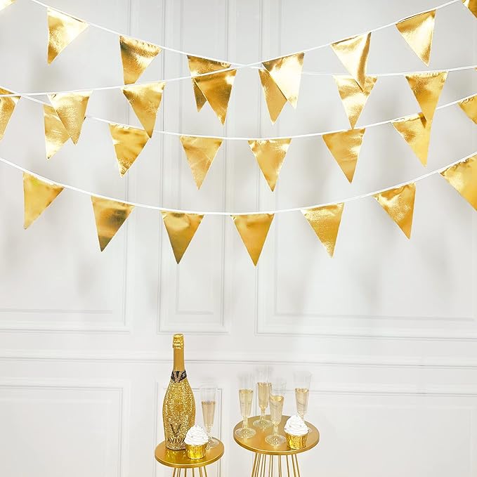 Gold Party Decorations Metallic Fabric Triangle Pennant Banner Gold Flag Bunting Garland for Graduation Birthday Wedding Anniversary Bridal Shower Bachelorette Engagement Hen Party Decoration Supplies-VerdiqueGarden
