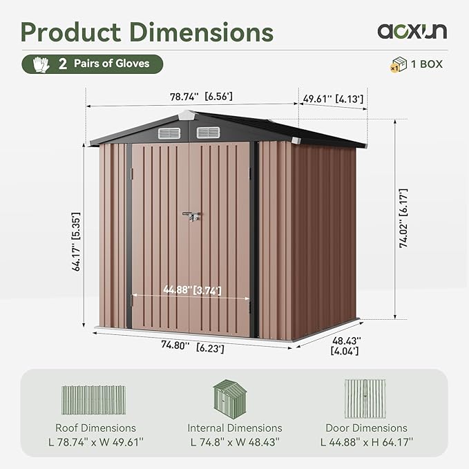 Aoxun 6.2x4 FT Shed Outdoor Storage Shed with Lockable Doors & Slooping Roof Metal Garden Tool Shed for Backyard, Patio, Poolside (Brown)-VerdiqueGarden