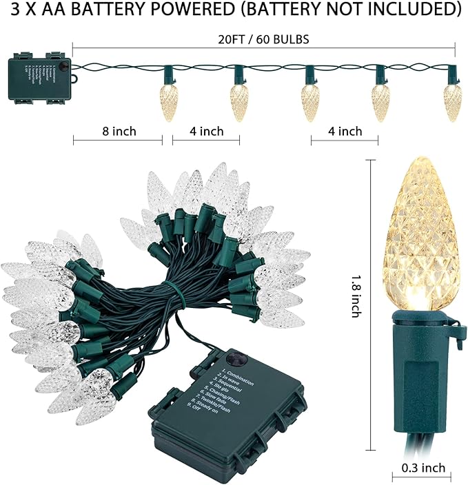 2PC C6 Led Christmas String Lights, 60 Led 20FT Battery Operated Strawberry Lights, Waterproof 8 Lighting Modes Fairy Lights for Indoor Outdoor Patio Garden Party X-mas Decoration(Warm White)-VerdiqueGarden