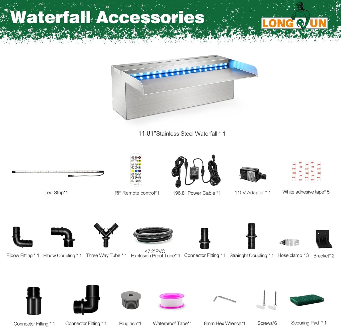 LONGRUN Waterfall Pool Fountain, Updated 5.9'' Wider Open Lip Stainless Steel Waterfall Spillway, Decorative Water Feature for Swimming Pools, Koi Ponds, Spa & Garden - 11.8''-VerdiqueGarden