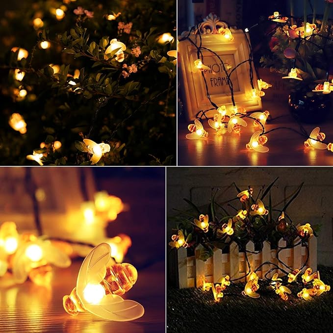 Solar Bee String Lights Outdoor 31FT 50 LED Honeybee Fairy Lights with 8 Lighting Modes, Waterproof Solar Bumble Bee for Patio Yard Garden Grass Wedding Christmas Party Decor, Warm White-VerdiqueGarden