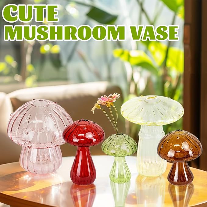 5 Pcs Mushroom Glass Planter for Plants, Stylish Unique Mushroom Vase for Home Decoration,Colorful Propagation Jars,Ideal Gardening Companion and Creative Floral Arrangement-VerdiqueGarden