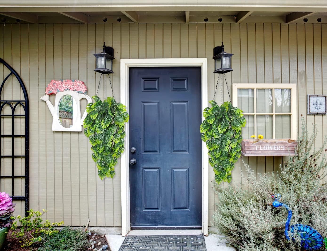 RECUTMS Artificial Hanging Plants 2 Pack, Fake Monstera Leaves Ivy Vine Faux Greenery UV Resistant Outdoor Tropical Palm Leaf Plant for Garden Home Jungle Hawaiian Luau Party Spring Summer Décor-VerdiqueGarden