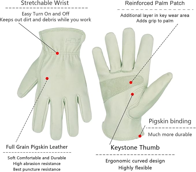 HLDD HANDLANDY Leather Work Gloves for Men & Women, Adjustable Wrist Cowhide Gardening Glove with Reinforced Palm for Driver-VerdiqueGarden