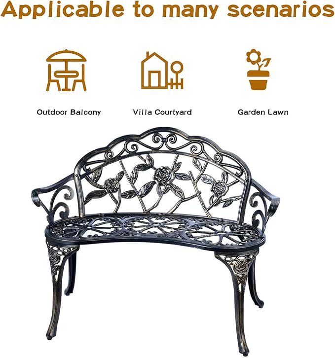 JARDIN DE CENTENNIAL Patio Garden Bench Metal Park Bench Cast Aluminum Outdoor Furniture with Floral Rose for Patio,Park,Lawn,Yard (Copper)-VerdiqueGarden