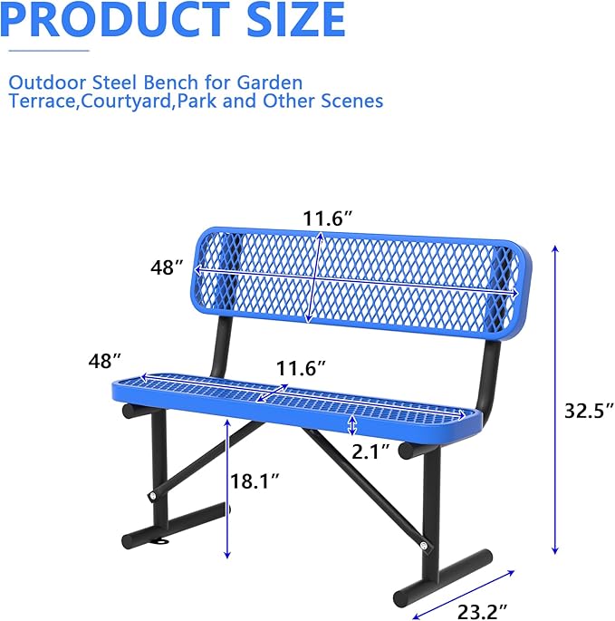 Heavy Duty Park Bench with Back Portable Frame, Outdoor Steel Bench with Backrest, Outdoor Park Bench Expanded Metal Mesh Bench for Lawn, Park, Deck, Garden, Patio, Porch, Black (Blue, 4FT)-VerdiqueGarden