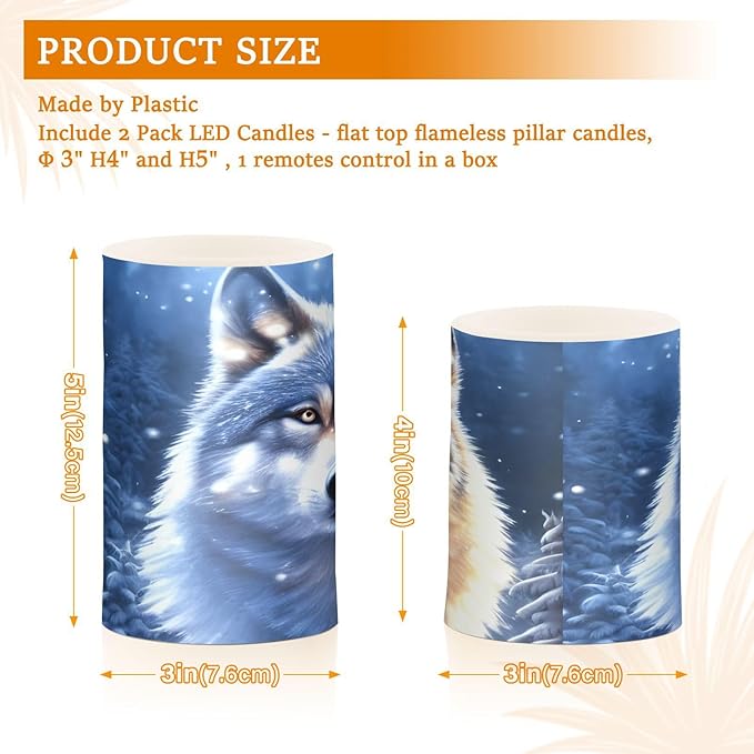 Flickering Flameless Candles, Wolf Snowy LED Candles with Remote Timer, Set of 2 Battery Operated Candle for Valentine Wedding Birthday-VerdiqueGarden
