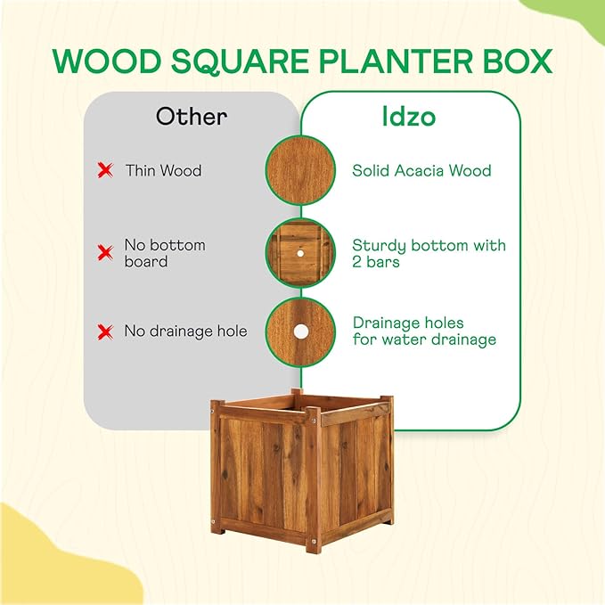 IDZO Acacia Wood Flower Planter Box for Outdoor Plants, 1pc Wooden Raised Garden Bed with Handles, Drainage Holes, Ideal for Garden and Home Décor, Light Cherry-VerdiqueGarden