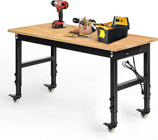 48" Adjustable Workbench for Garage, Rubber Wood Heavy Duty Workstation with Power Outlets & Wheels, 2000 LBS Load Capacity Hardwood Worktable for Workshop, Garage, Office, Home, Commercial-VerdiqueGarden
