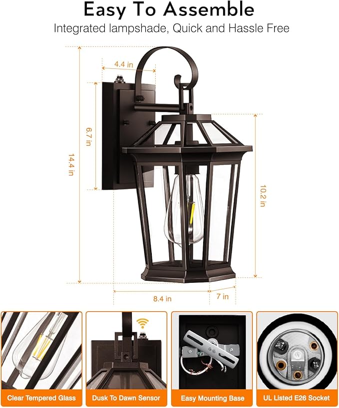 VIANIS Outdoor Wall Lights Dusk to Dawn, Oil Rubbed Bronze Exterior Lighting Fixtures for House, Waterproof ORB Porch Lights Wall Mount, Aluminum Outside Wall Sconce for Front Door, Garage-VerdiqueGarden