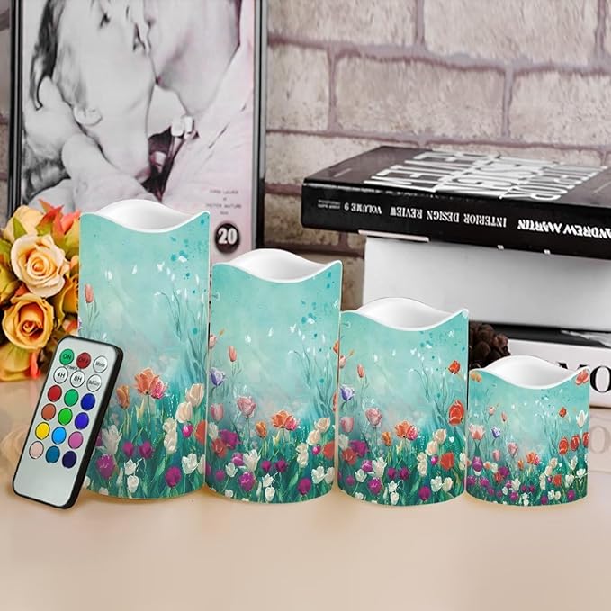 Ystardream 4PCS Flameless Candle Elegant Floral Led Flameless Candles with Remote Fake Candles That Look Real for Home Living Room Bathroom Bedroom Decor Plum Blossoms and Hummingbirds-VerdiqueGarden