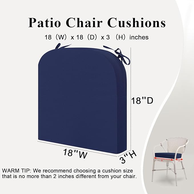 Outdoor Chair Cushions Set of 2, Waterproof Foam Patio Seat Cushions with Ties for Garden Sofa & Dining Furniture, 3-Year Color Fastness, 18x18x3 Inch, Blue-VerdiqueGarden