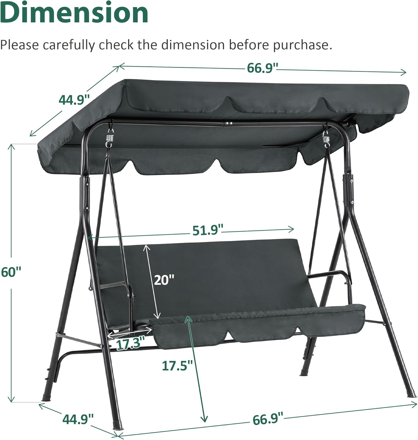 MCombo 2-3 Person Outdoor Patio Swing Chair, Convertible Canopy Hanging Swing Glider Lounge Chair, Removable Cushions, 4003 (Dark Gray)-VerdiqueGarden