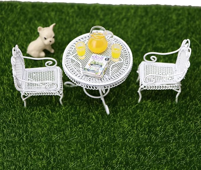 Dollhouse Miniature Bistro Table & Chairs Set Accessories Metal 1:12 Scale Miniatures White Coffee/Tea Furniture Fairy Garden Cute Rustic Elegant Decorations Ornaments (A)-VerdiqueGarden