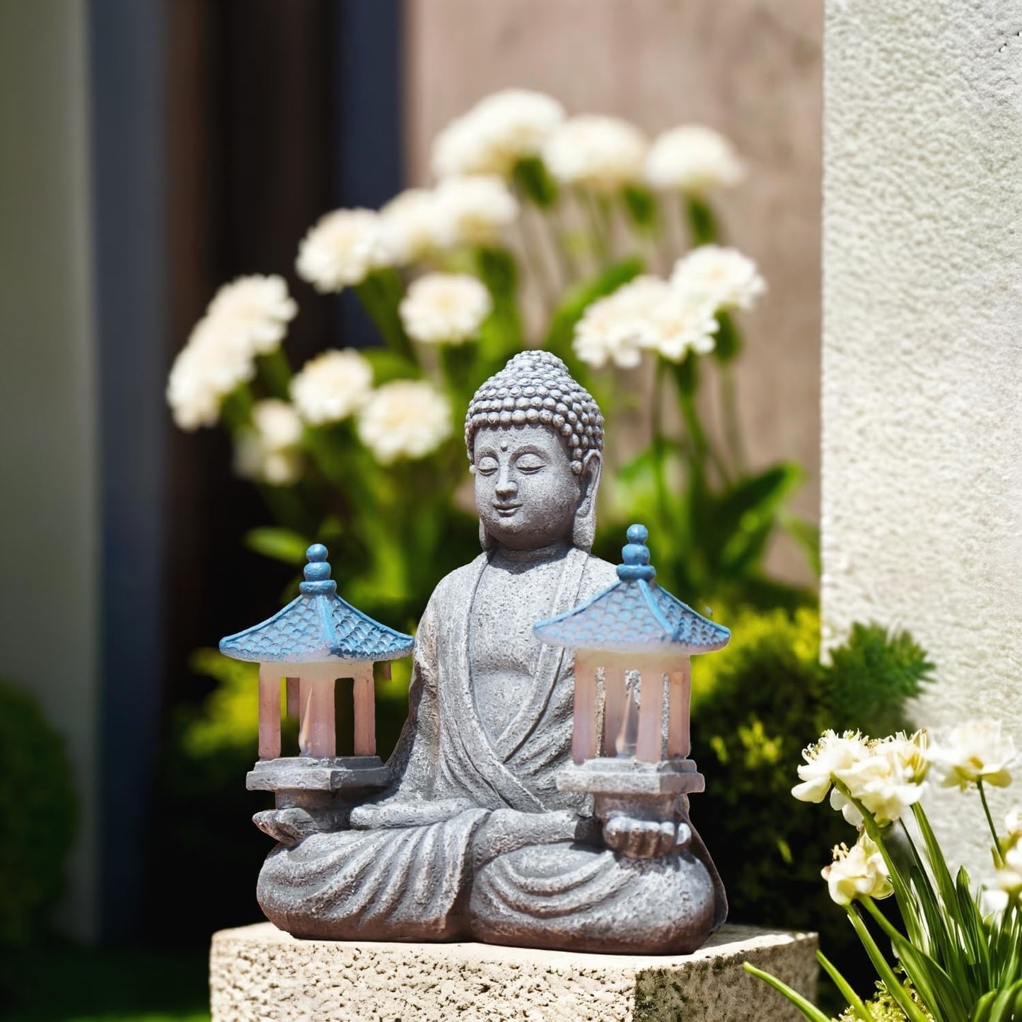 Meditating Buddha Statue with Solar Lights, Zen Garden Decor for Home, Patio, Yard, Outdoor – Unique Gift for Women and Friends(Two Pavilions)-VerdiqueGarden