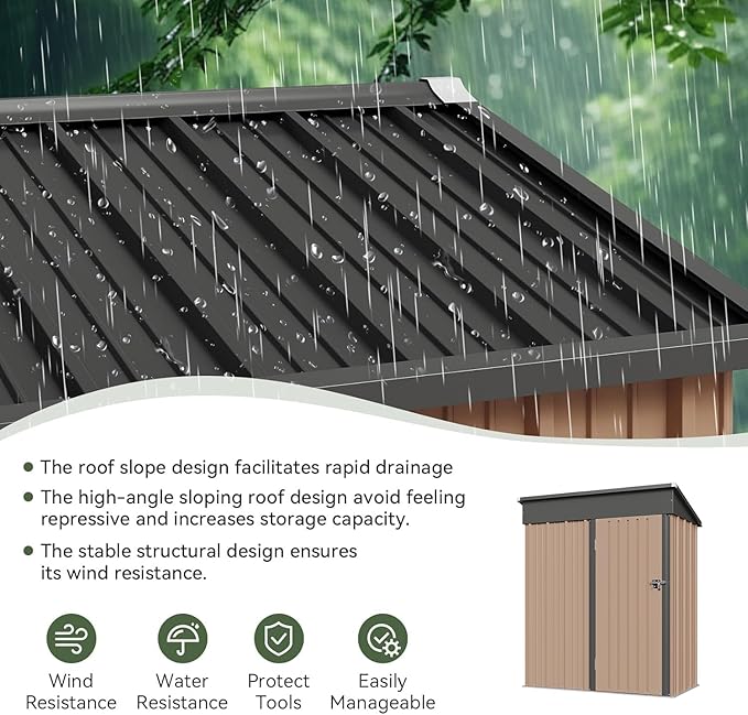 Aoxun 5x3 FT Shed Outdoor Waterproof Storage Shed Metal Garden Shed with Lockable Doors & Slooping Roof for Backyard, Patio, Poolside (Brown)-VerdiqueGarden